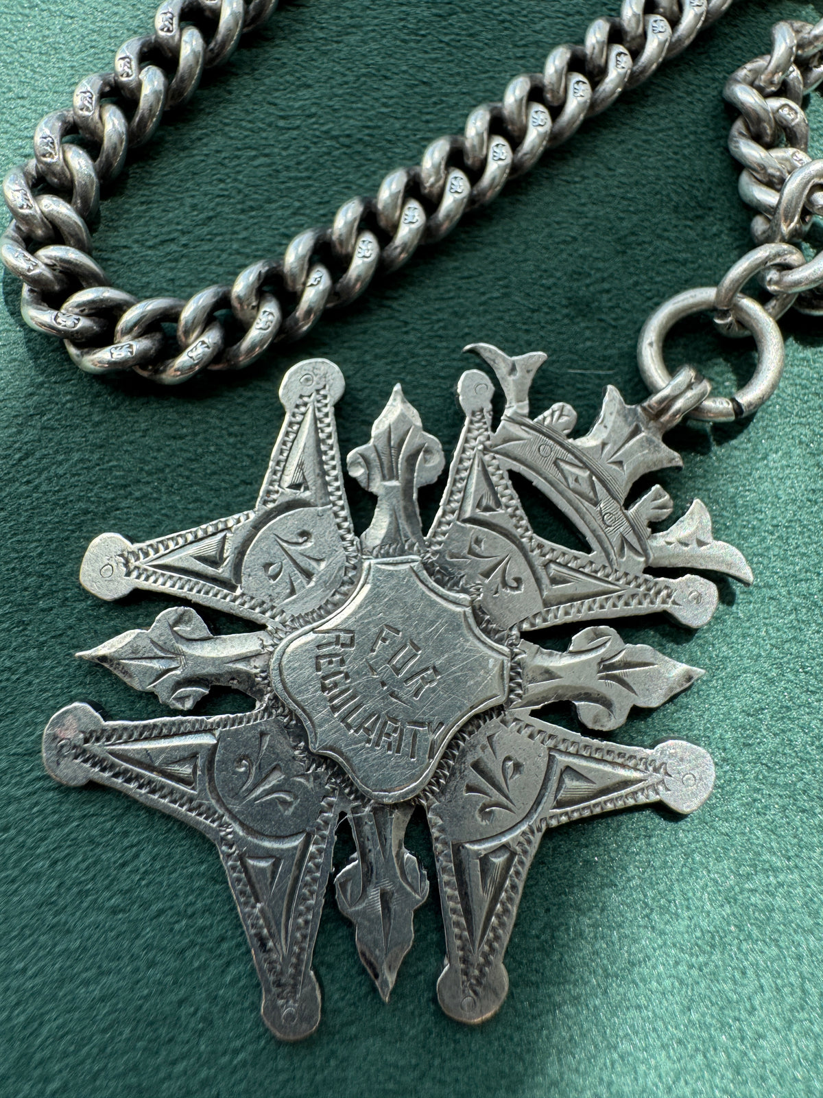 Antique Victorian Sterling Silver Albert Watch Chain For Regularity Fob Medal 1900 Engraved M Garland St Peters Woolwich Birmingham Hallmarked