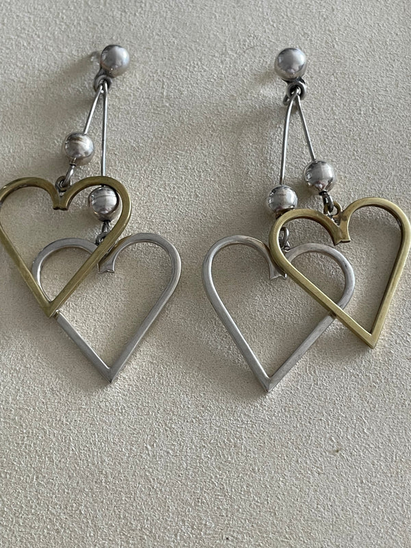 Vintage Sterling and Brass Heart Earrings, Taxco Mexico