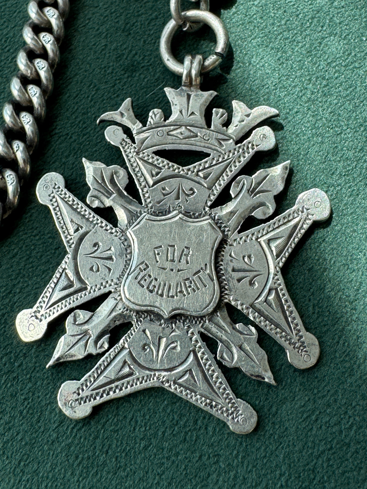 Antique Victorian Sterling Silver Albert Watch Chain For Regularity Fob Medal 1900 Engraved M Garland St Peters Woolwich Birmingham Hallmarked