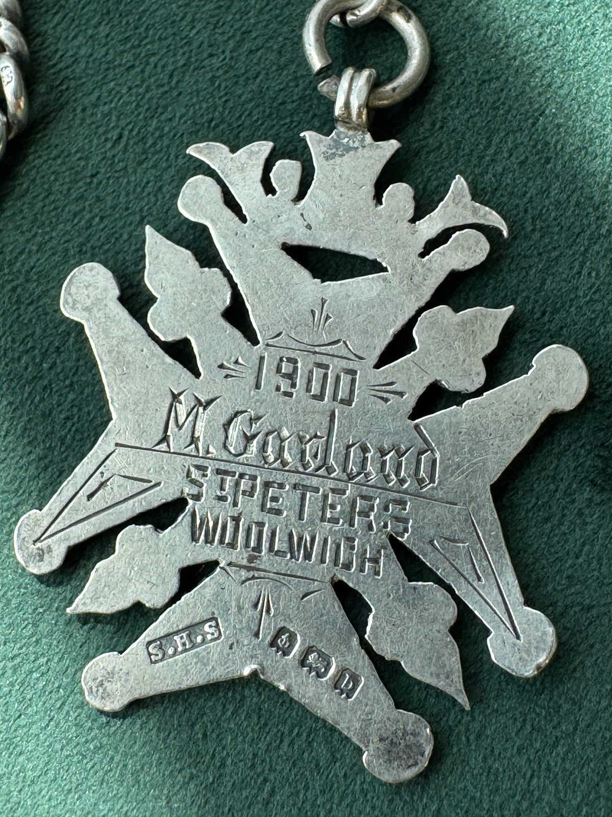 Antique Victorian Sterling Silver Albert Watch Chain For Regularity Fob Medal 1900 Engraved M Garland St Peters Woolwich Birmingham Hallmarked
