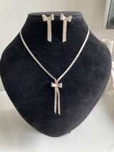 Vintage Sterling Silver Herringbone Earring and Necklace Bow Set