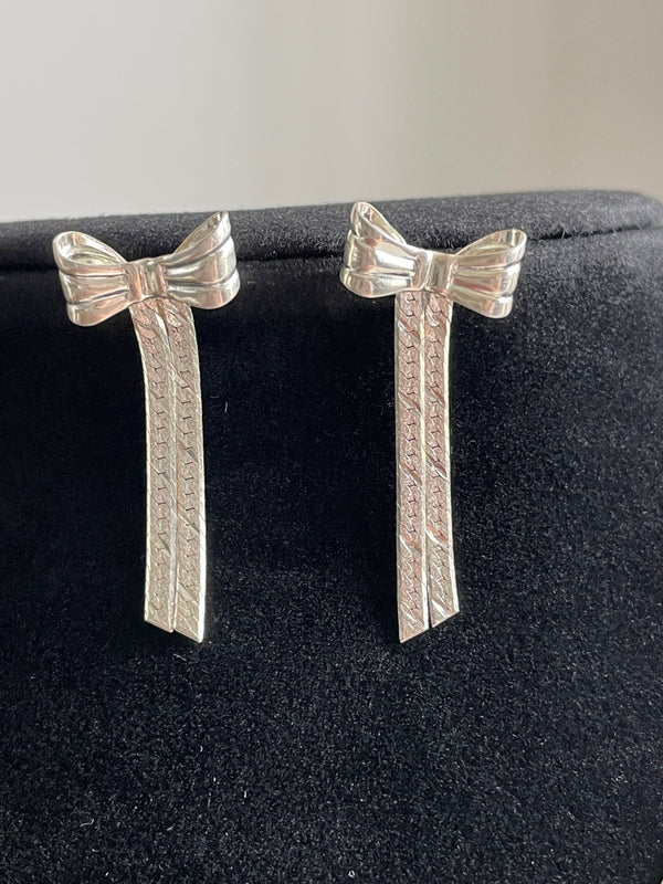 Vintage Sterling Silver Herringbone Earring and Necklace Bow Set