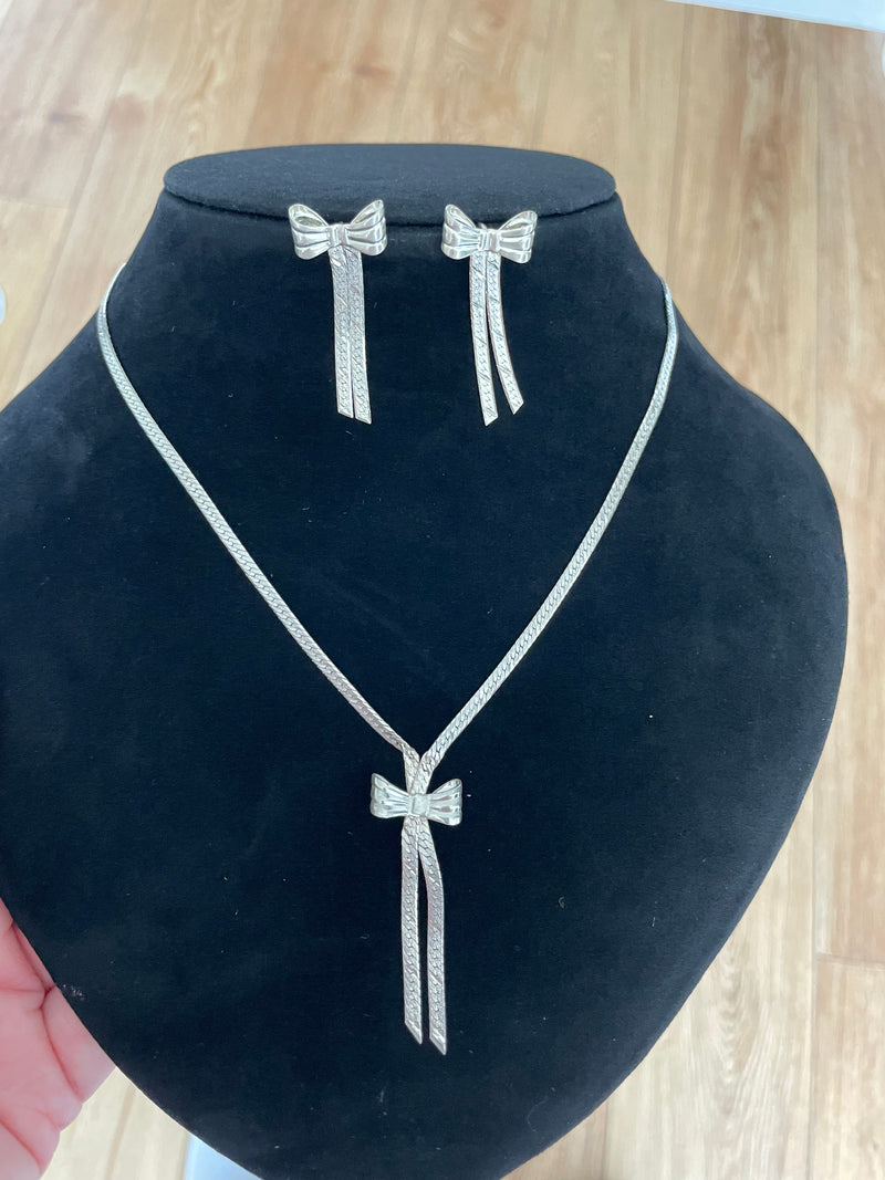 Vintage Sterling Silver Herringbone Earring and Necklace Bow Set