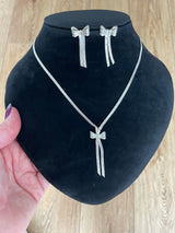 Vintage Sterling Silver Herringbone Earring and Necklace Bow Set