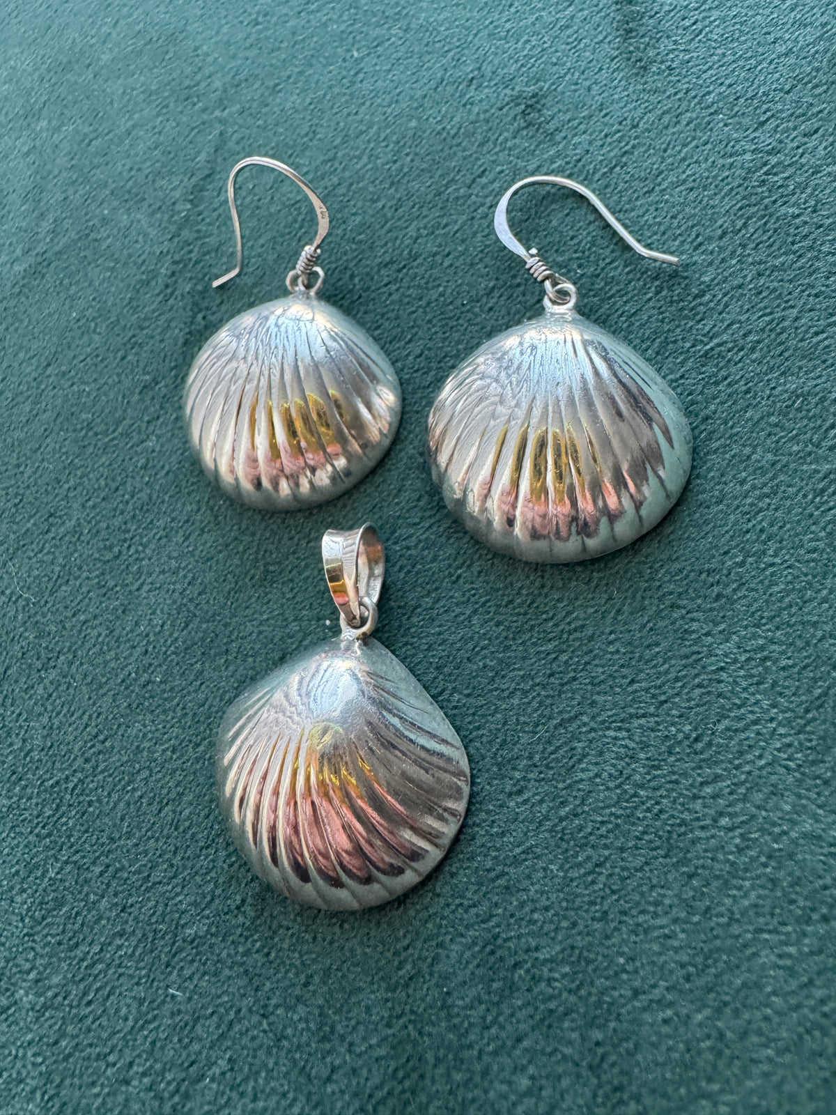 Vintage Sterling Silver Puffy Clam Shell Earrings and Pendant Set Three Shells of Pure Mermaid Life