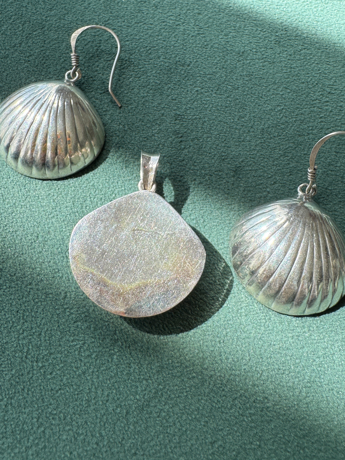 Vintage Sterling Silver Puffy Clam Shell Earrings and Pendant Set Three Shells of Pure Mermaid Life