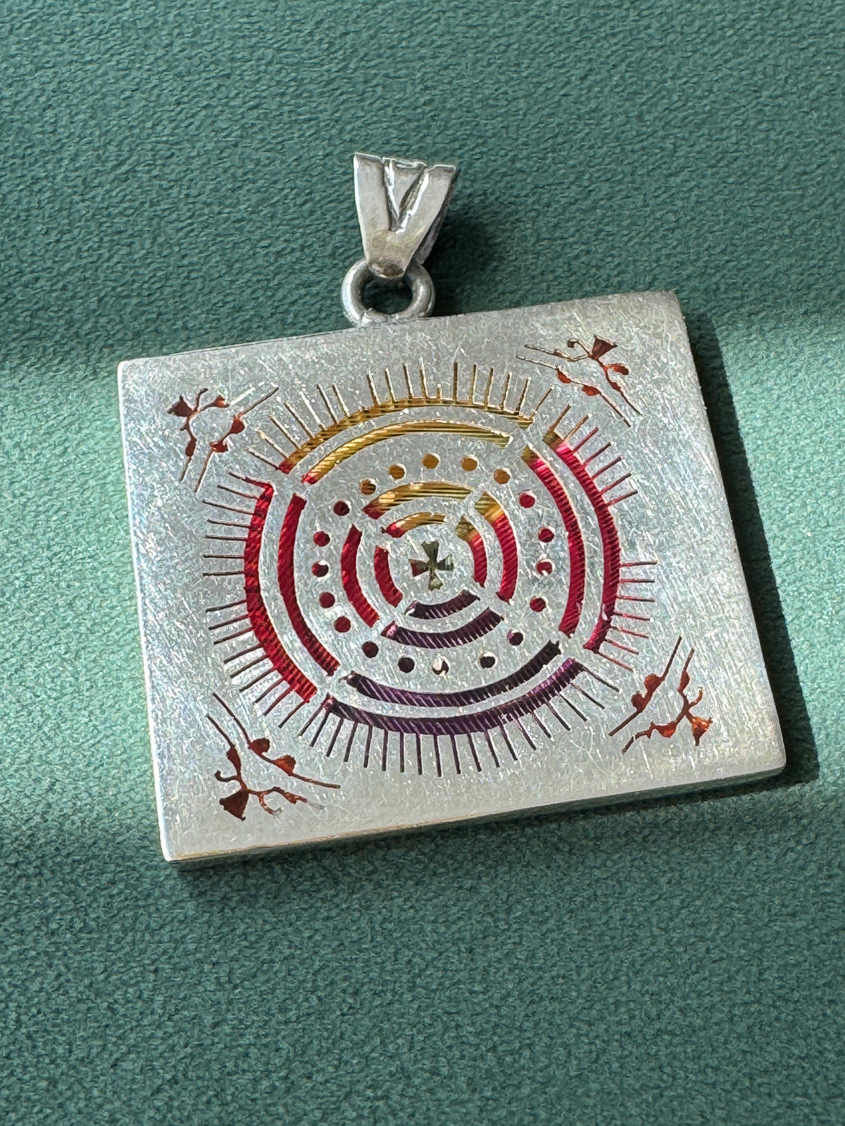 Vintage Mexican Sterling Silver Plique a Jour Enamel Square Pendant Sun Medallion Stained Glass You Can Wear