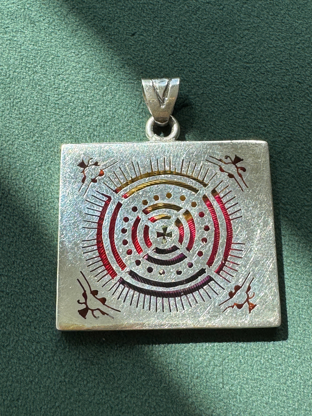 Vintage Mexican Sterling Silver Plique a Jour Enamel Square Pendant Sun Medallion Stained Glass You Can Wear
