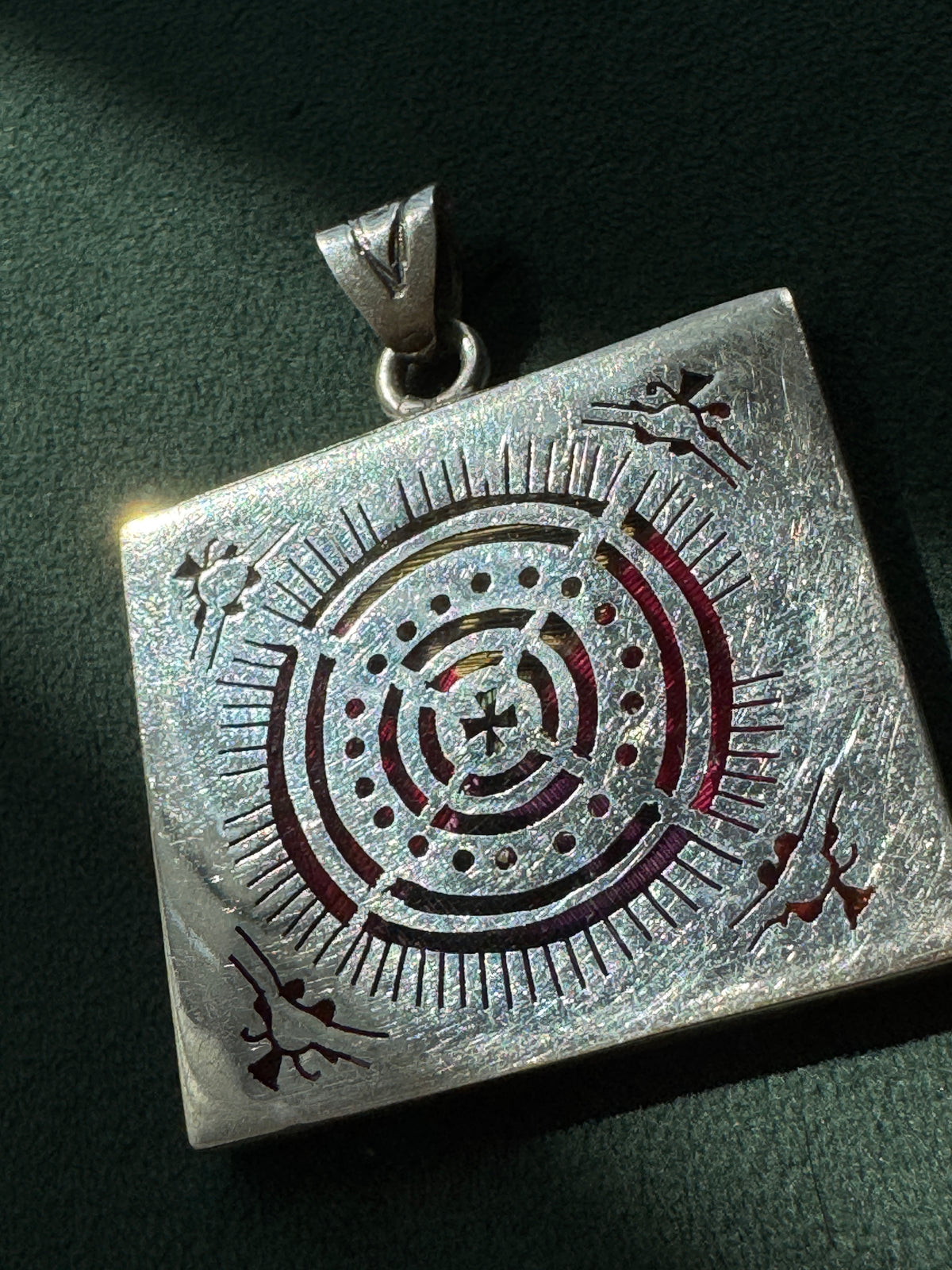 Vintage Mexican Sterling Silver Plique a Jour Enamel Square Pendant Sun Medallion Stained Glass You Can Wear