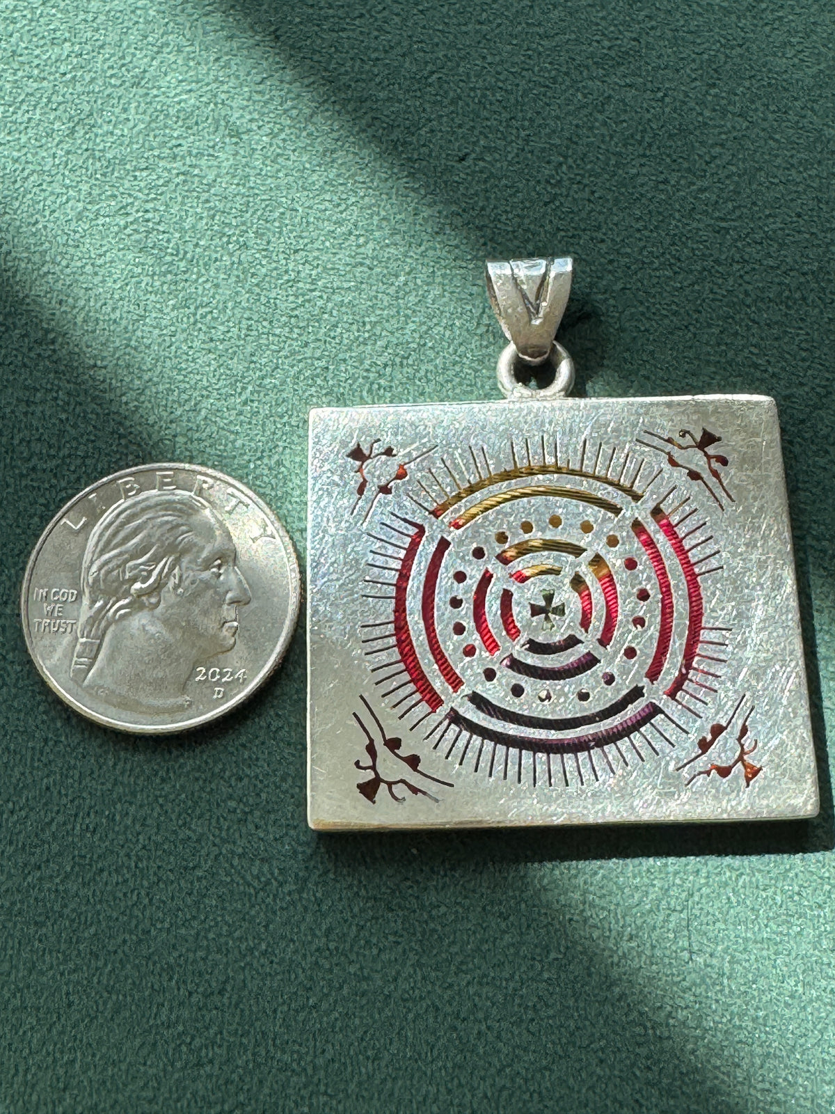 Vintage Mexican Sterling Silver Plique a Jour Enamel Square Pendant Sun Medallion Stained Glass You Can Wear