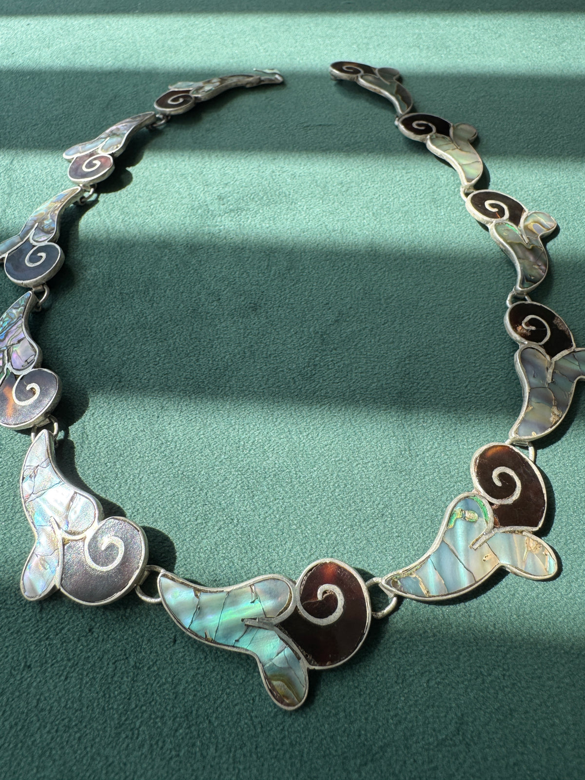 Vintage Mexican Sterling Silver Abalone Inlay Collar Necklace Spiral Wave Panels Bold Mermaid Life Statement