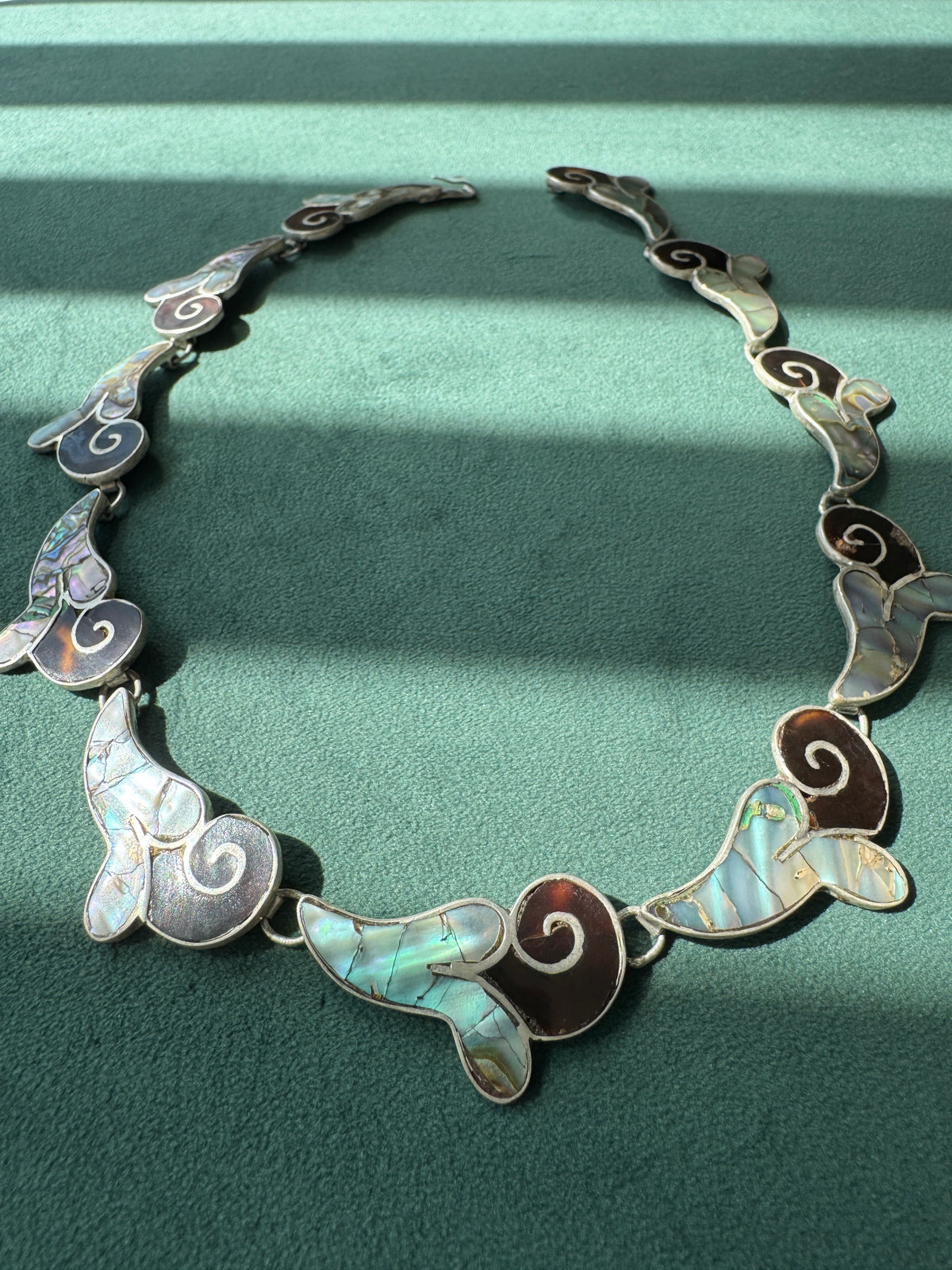 Vintage Mexican Sterling Silver Abalone Inlay Collar Necklace Spiral Wave Panels Bold Mermaid Life Statement