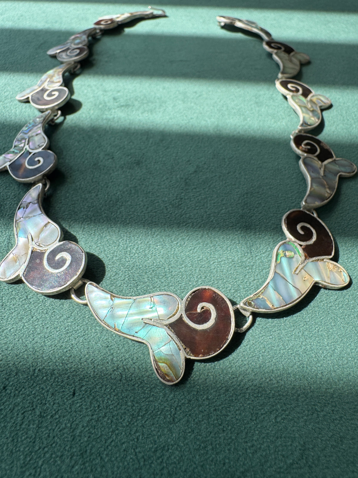 Vintage Mexican Sterling Silver Abalone Inlay Collar Necklace Spiral Wave Panels Bold Mermaid Life Statement