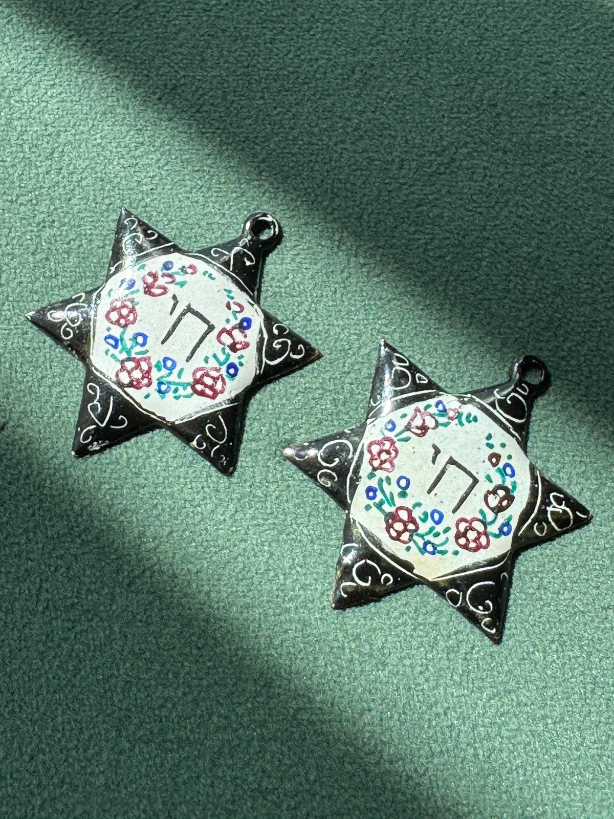 Vintage Persian Style Hand Painted Enamel Star of David Chai Pendant Floral Minakari Judaica