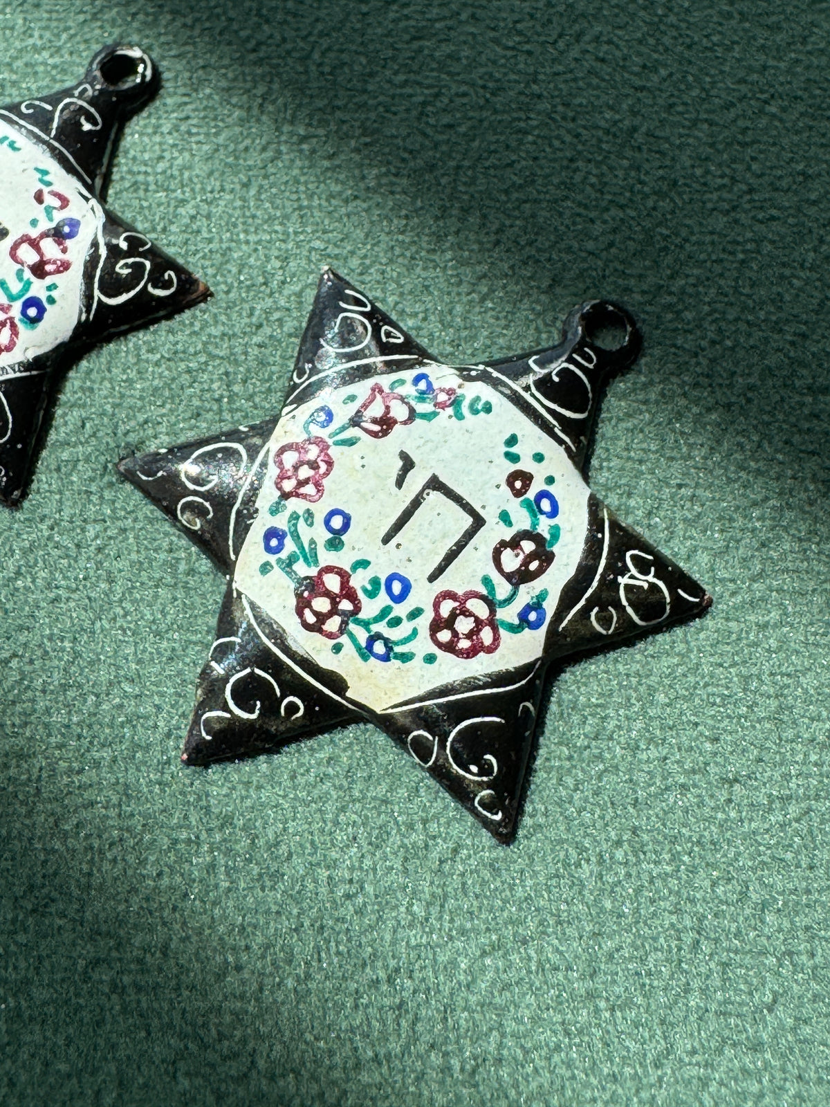 Vintage Persian Style Hand Painted Enamel Star of David Chai Pendant Floral Minakari Judaica