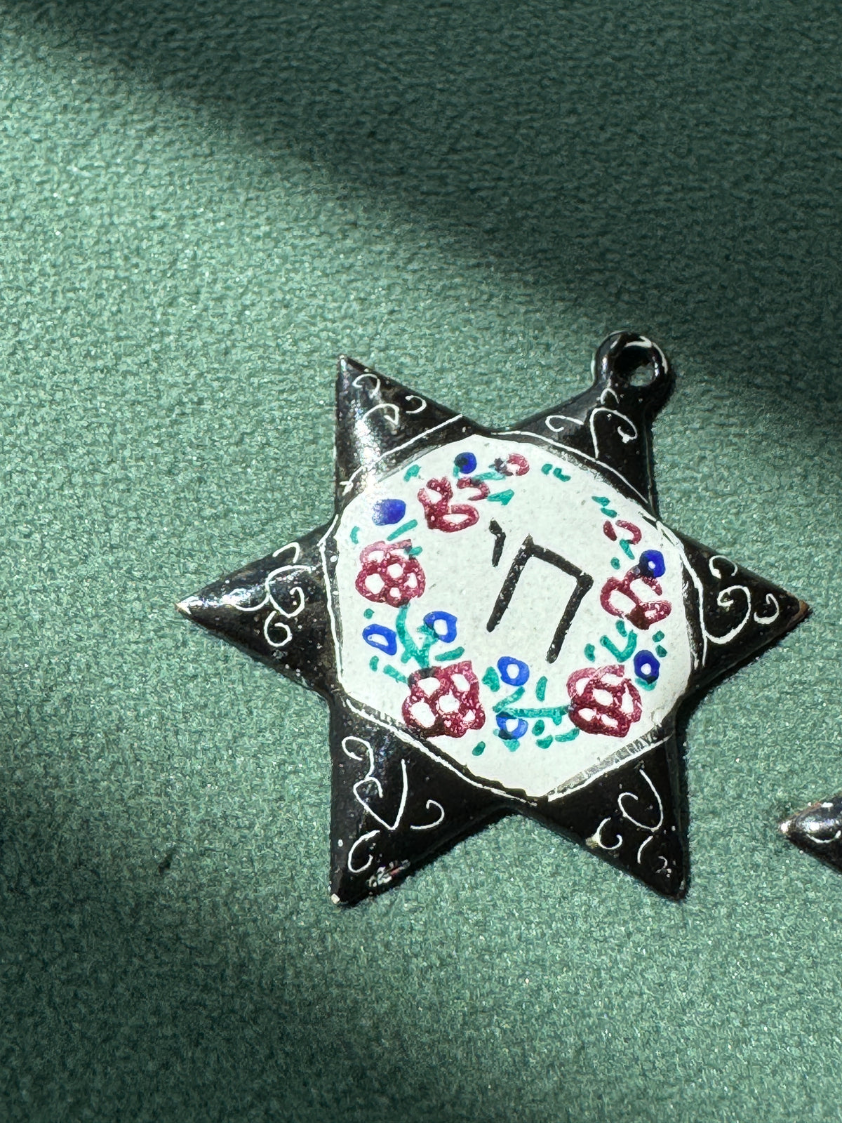 Vintage Persian Style Hand Painted Enamel Star of David Chai Pendant Floral Minakari Judaica