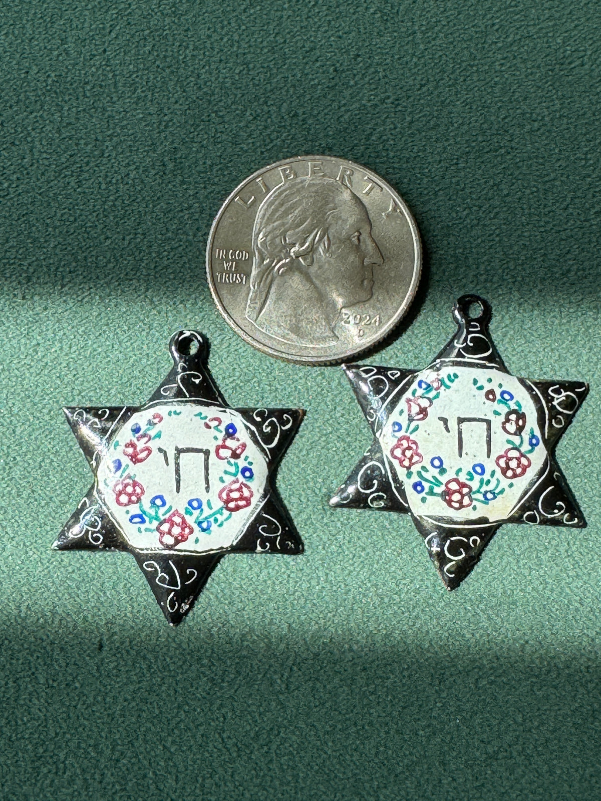 Vintage Persian Style Hand Painted Enamel Star of David Chai Pendant Floral Minakari Judaica