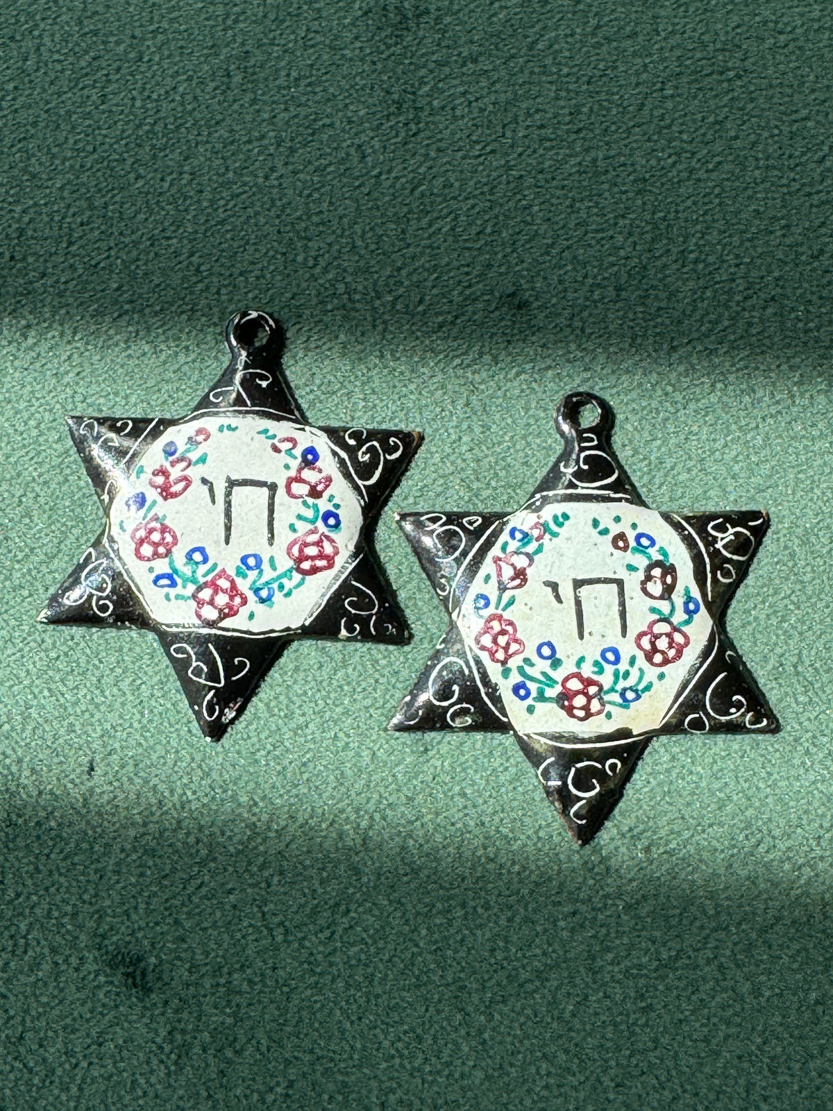 Vintage Persian Style Hand Painted Enamel Star of David Chai Pendant Floral Minakari Judaica