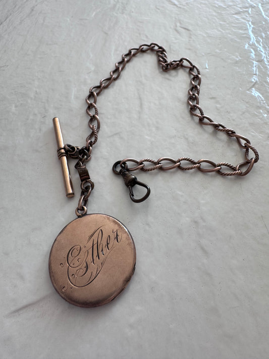 Antique Victorian Rolled Rose Gold Locket Watch Chain Engraved Esther