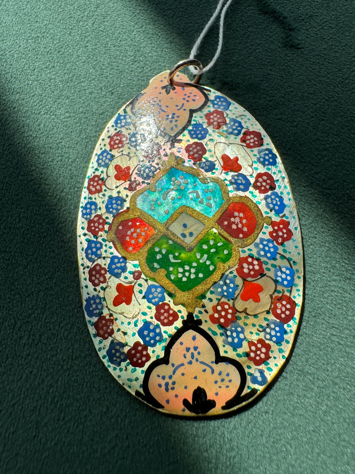 Vintage Persian Style Hand Painted Mother of Pearl Medallion Pendant New Old Stock With Tag Carpet Garden in Miniature