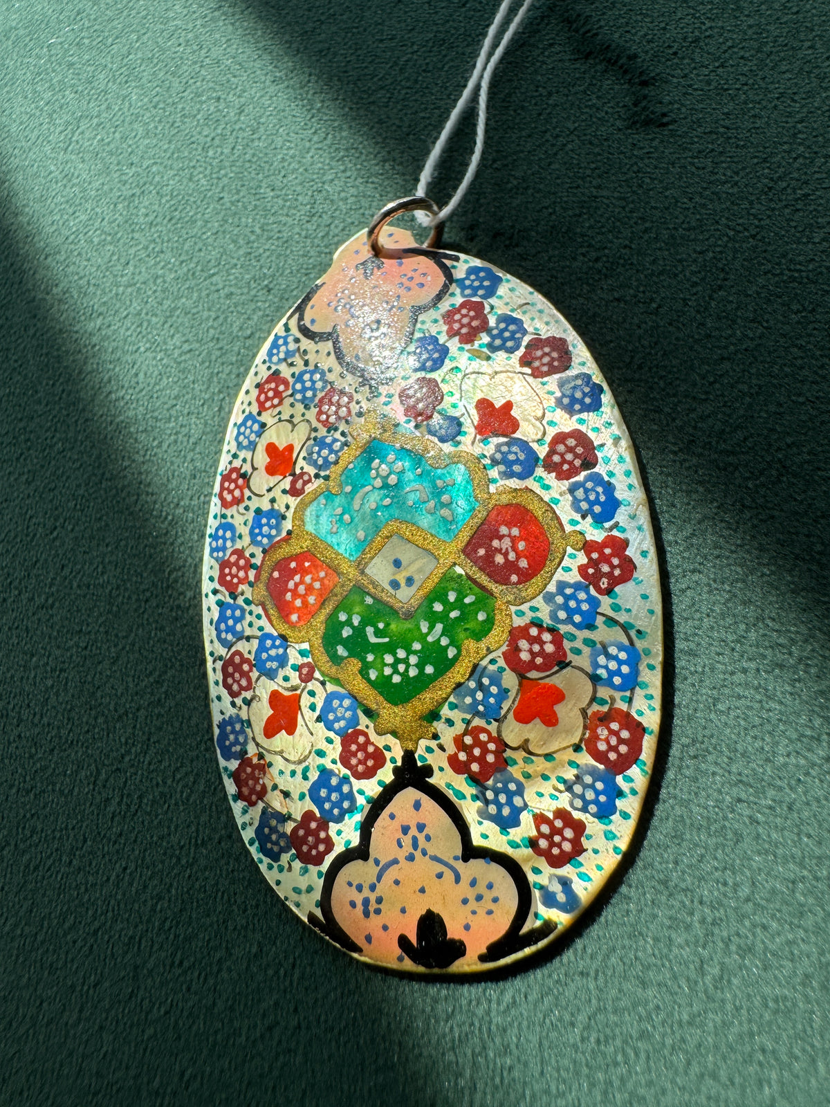 Vintage Persian Style Hand Painted Mother of Pearl Medallion Pendant New Old Stock With Tag Carpet Garden in Miniature