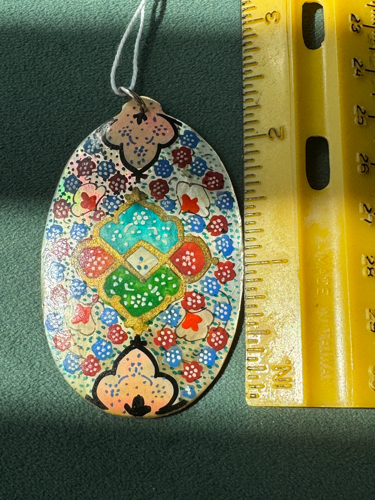 Vintage Persian Style Hand Painted Mother of Pearl Medallion Pendant New Old Stock With Tag Carpet Garden in Miniature