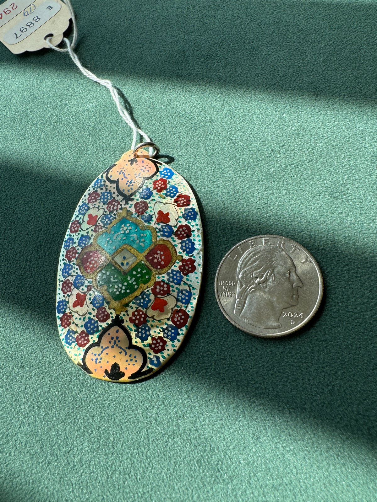 Vintage Persian Style Hand Painted Mother of Pearl Medallion Pendant New Old Stock With Tag Carpet Garden in Miniature