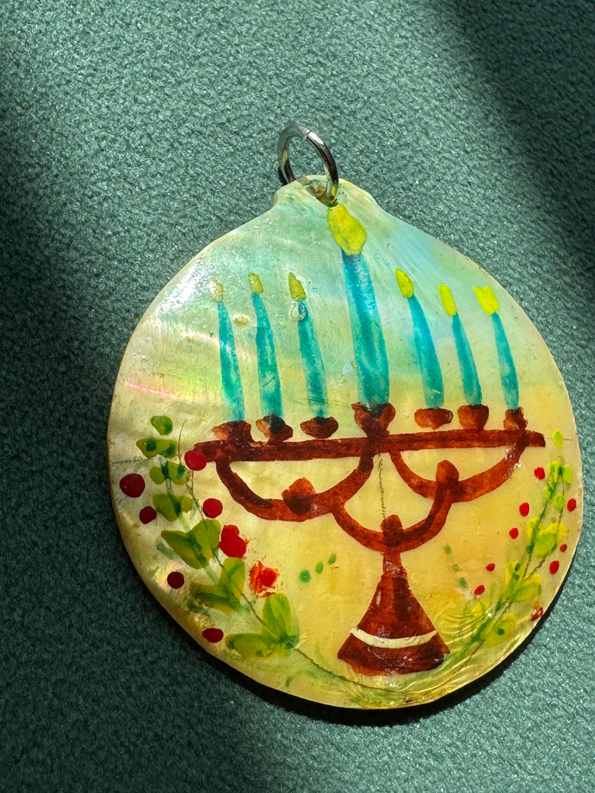 Vintage Hand Painted Mother of Pearl Menorah Pendant Seven Candles Folk Art Judaica