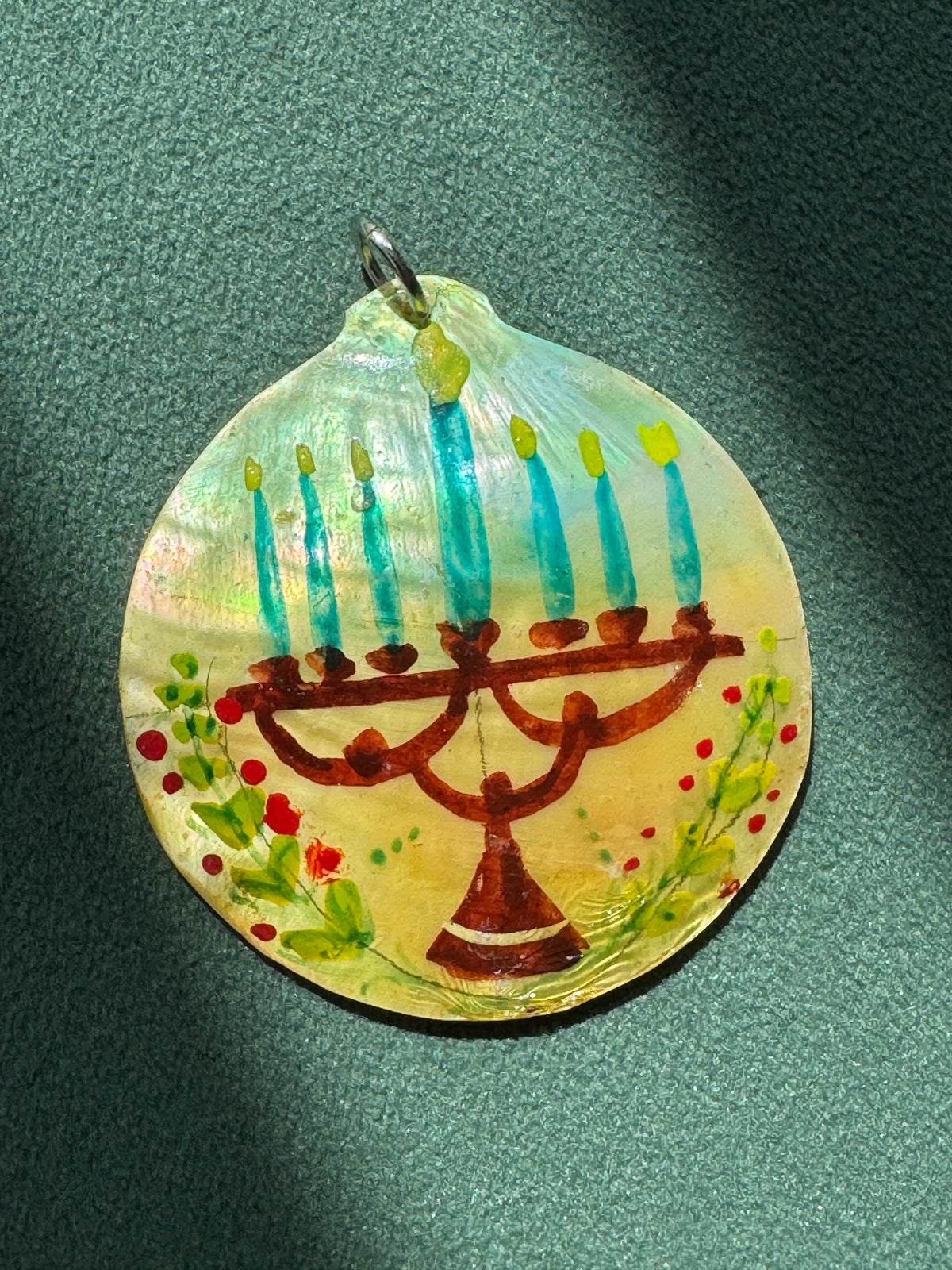 Vintage Hand Painted Mother of Pearl Menorah Pendant Seven Candles Folk Art Judaica