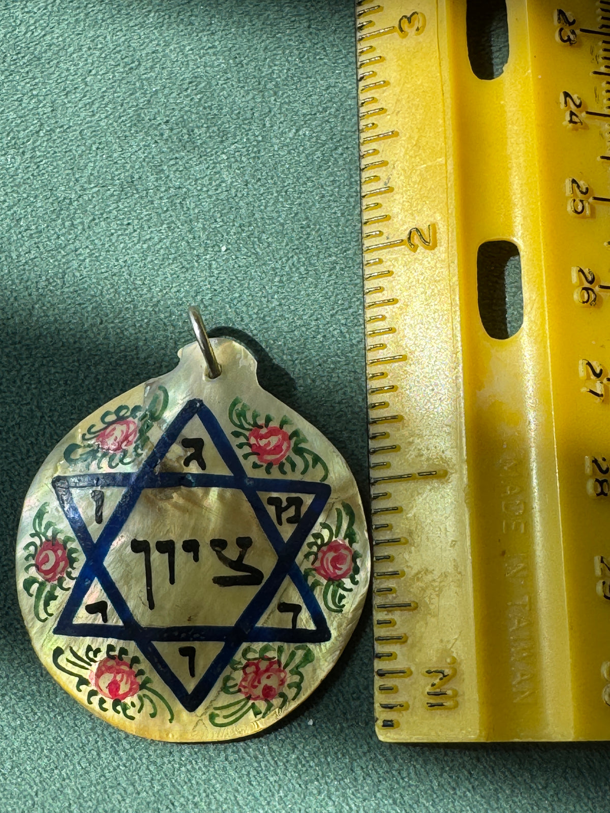 Vintage Hand Painted Mother of Pearl Star of David Zion Pendant Persian Style Roses Judaica