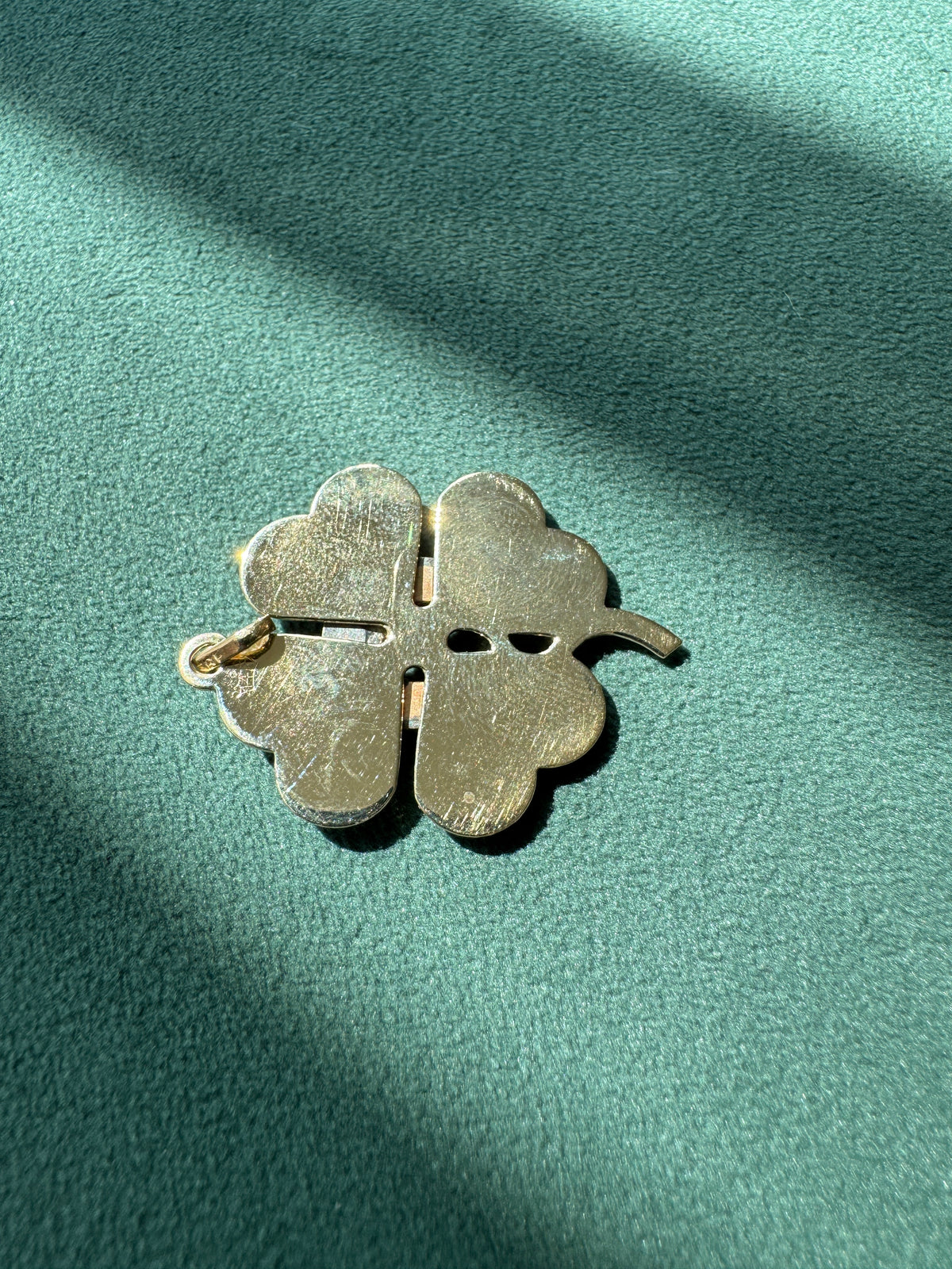 Vintage 1940s 14K Gold Garnet Four Leaf Clover Horseshoe Pendant Lucky Charm Double the Luck