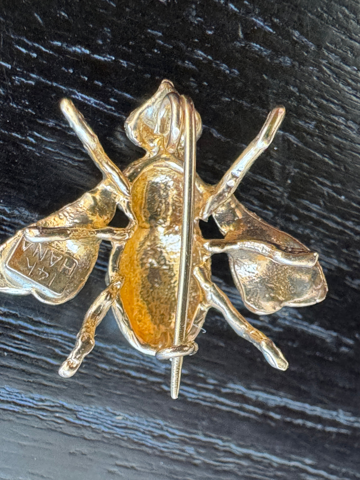 Vintage 14K Yellow Gold Diamond Cut Bumble Bee Pin Signed HANA Tiny Sparkling Lapel Bee