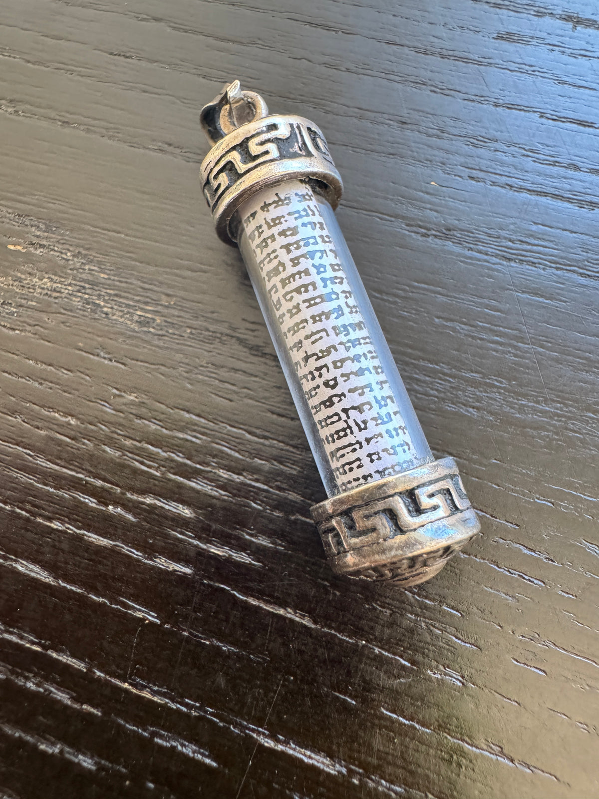 Vintage Israeli Sterling Silver Mezuzah Pendant Glass Scroll Case Greek Key Shema Yisrael Judaica