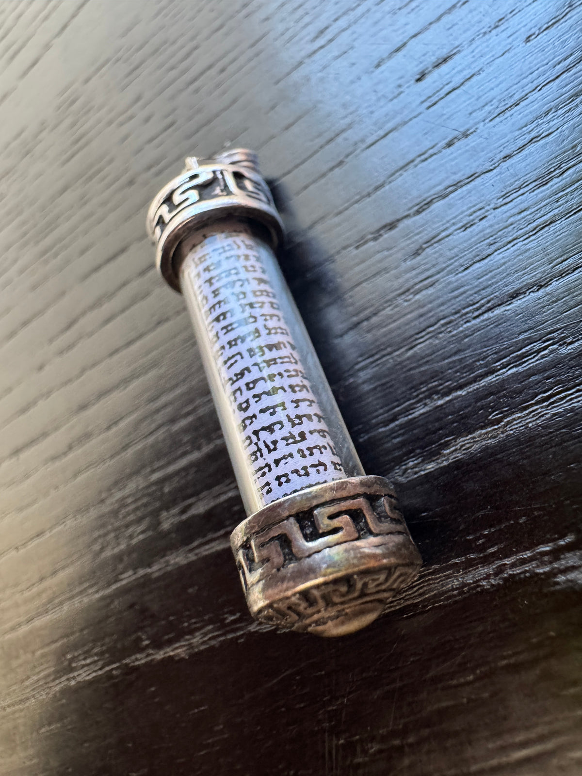 Vintage Israeli Sterling Silver Mezuzah Pendant Glass Scroll Case Greek Key Shema Yisrael Judaica