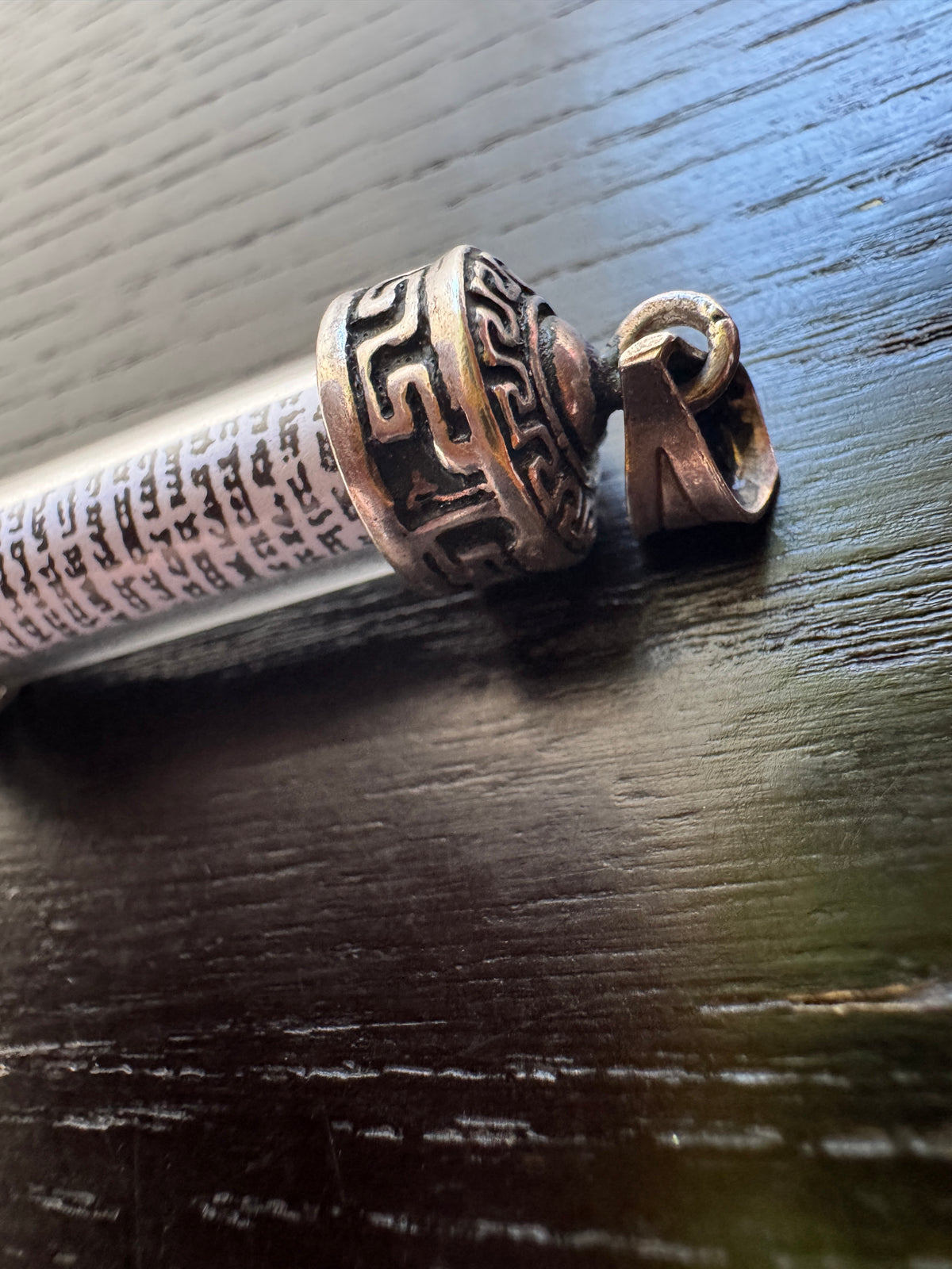 Vintage Israeli Sterling Silver Mezuzah Pendant Glass Scroll Case Greek Key Shema Yisrael Judaica
