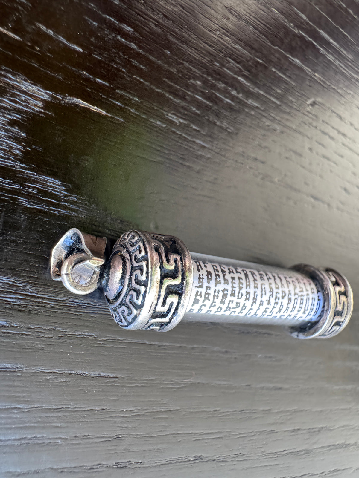 Vintage Israeli Sterling Silver Mezuzah Pendant Glass Scroll Case Greek Key Shema Yisrael Judaica