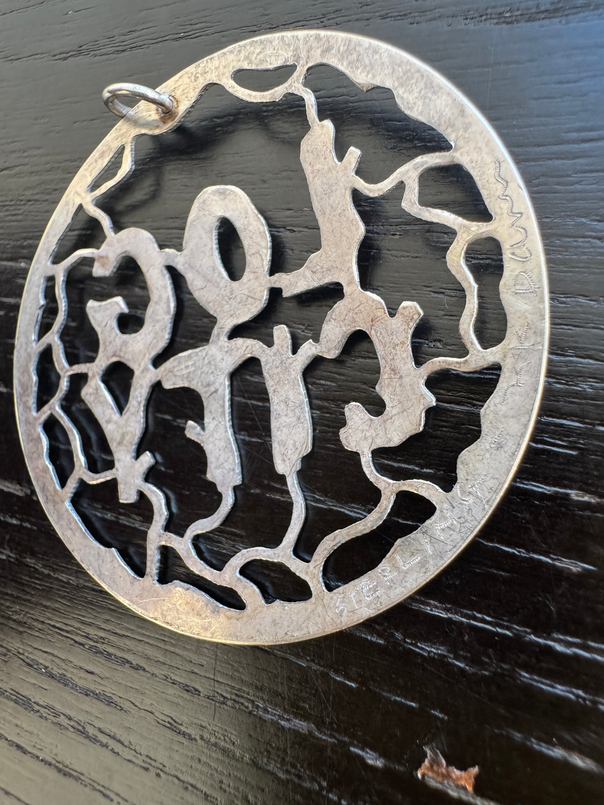 Vintage Sterling Silver Log City Pierced Medallion Pendant Large 2 Inch Artist Signed Rustic Branch Lettering