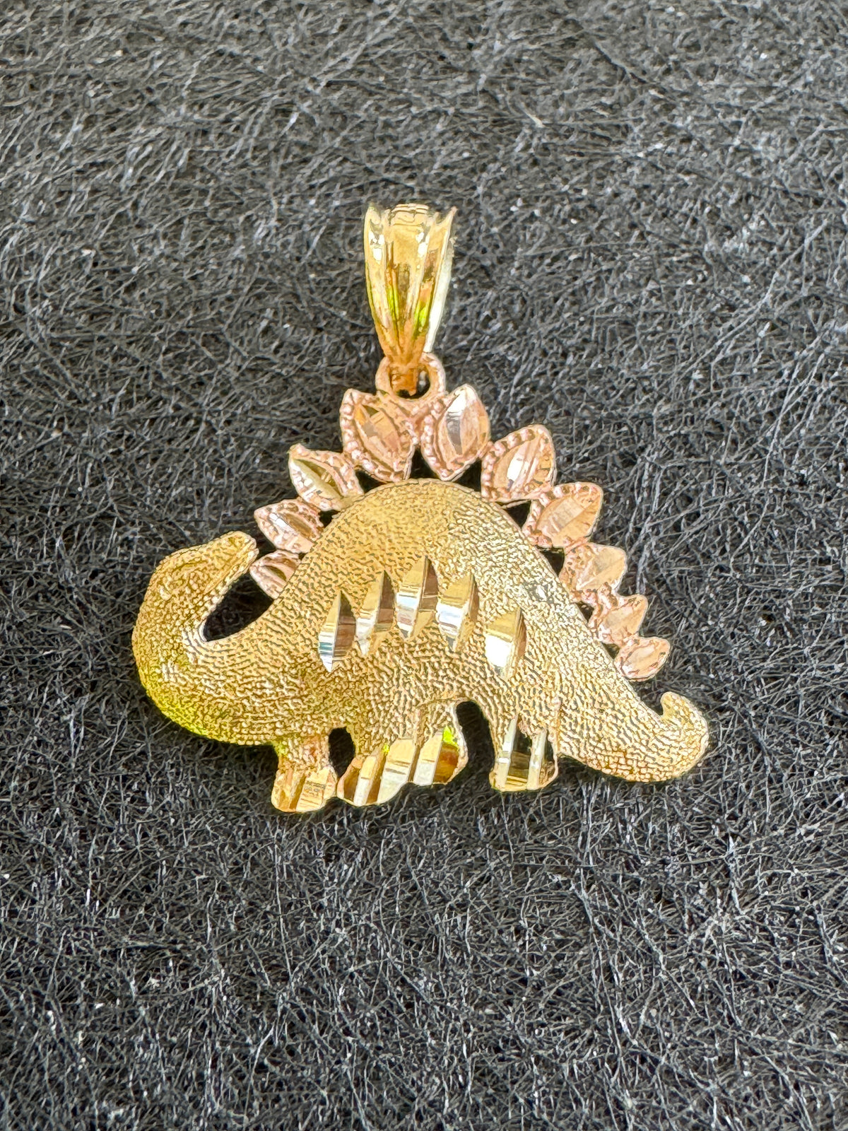 Vintage 14K Two Tone Gold Stegosaurus Pendant Rose and Yellow Gold Diamond Cut Dinosaur Charm With Jurassic Shine