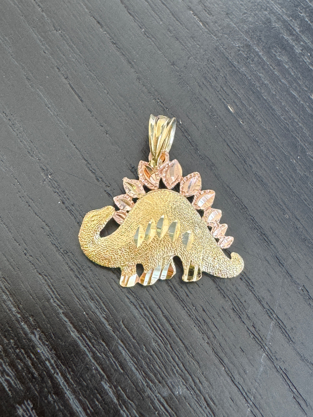Vintage 14K Two Tone Gold Stegosaurus Pendant Rose and Yellow Gold Diamond Cut Dinosaur Charm With Jurassic Shine