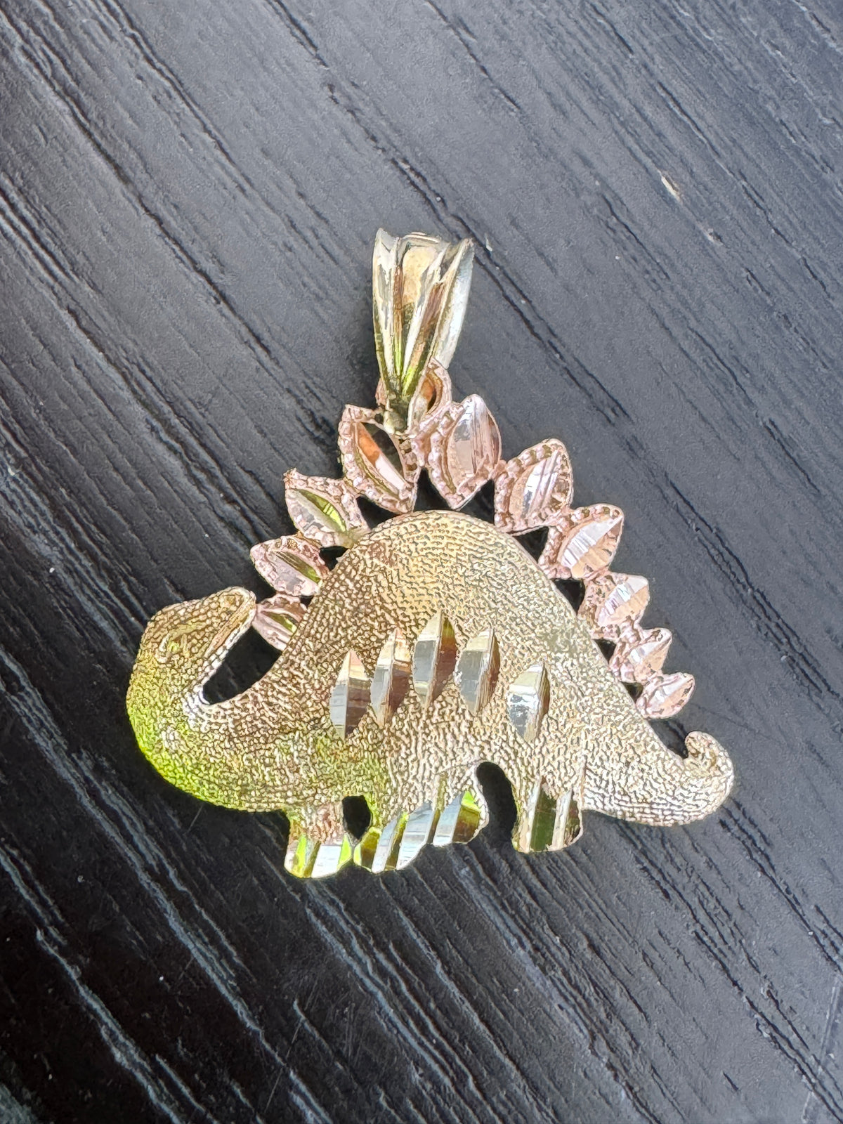 Vintage 14K Two Tone Gold Stegosaurus Pendant Rose and Yellow Gold Diamond Cut Dinosaur Charm With Jurassic Shine