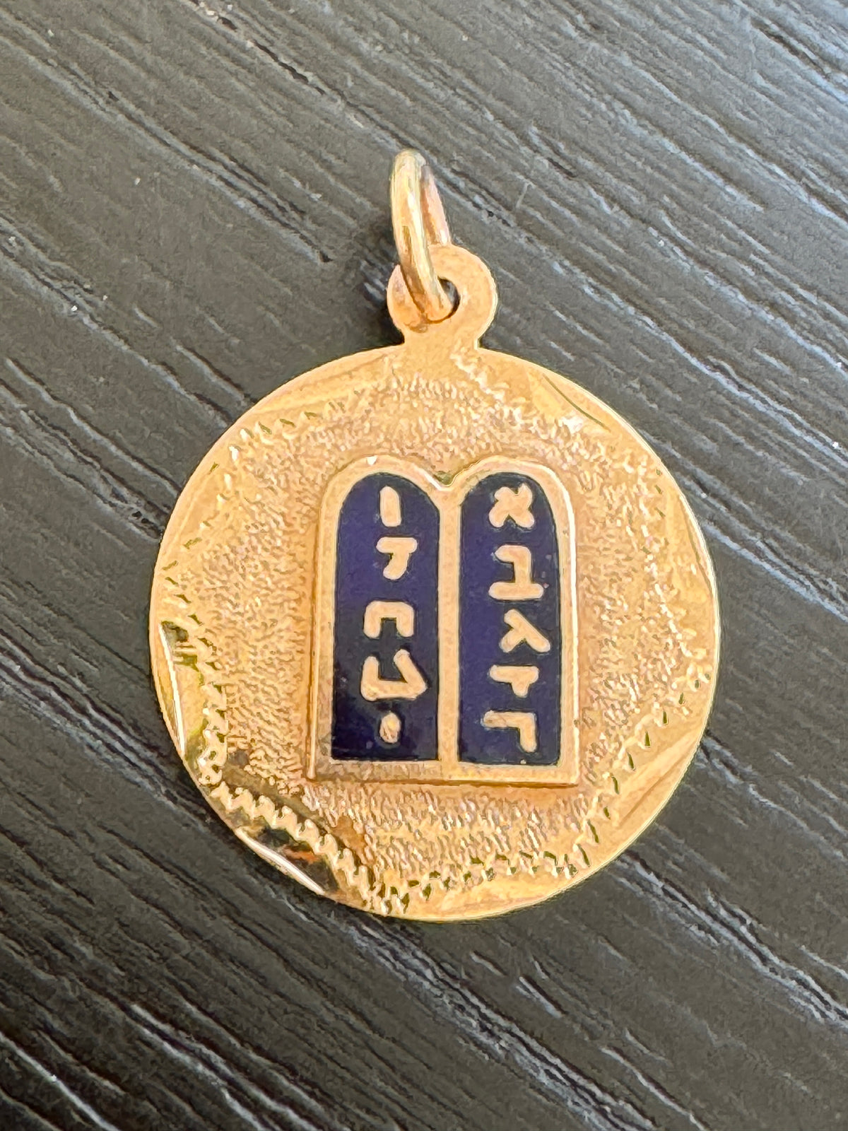 Vintage 14K Gold Ten Commandments Charm Pendant Deep Blue Enamel Tablets Judaica With the Whole Law in Under an Inch