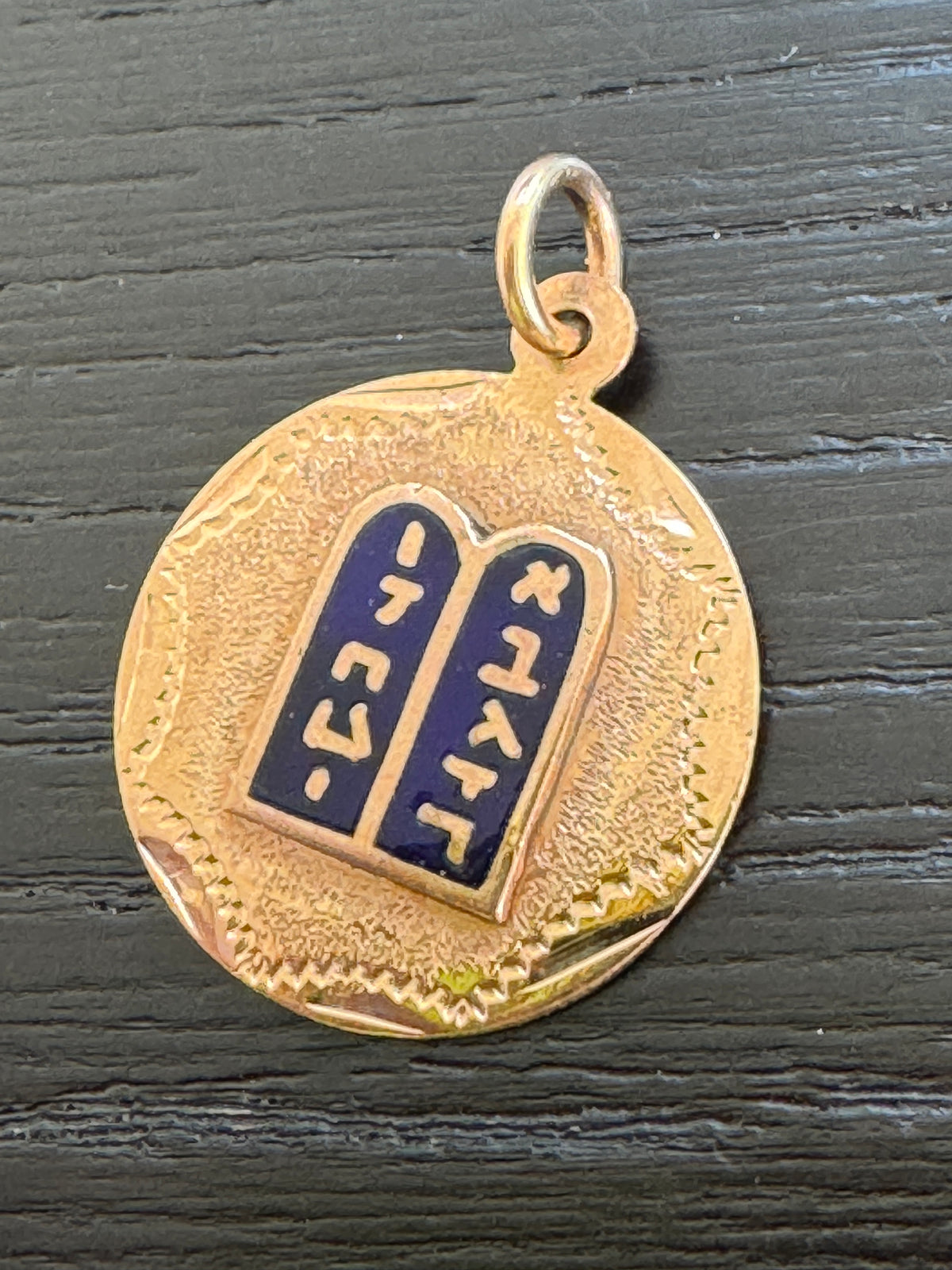 Vintage 14K Gold Ten Commandments Charm Pendant Deep Blue Enamel Tablets Judaica With the Whole Law in Under an Inch