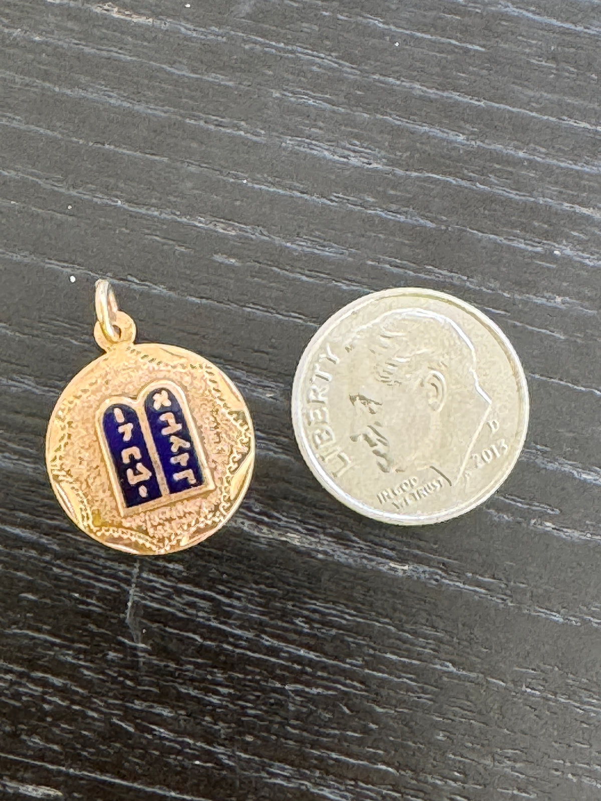Vintage 14K Gold Ten Commandments Charm Pendant Deep Blue Enamel Tablets Judaica With the Whole Law in Under an Inch