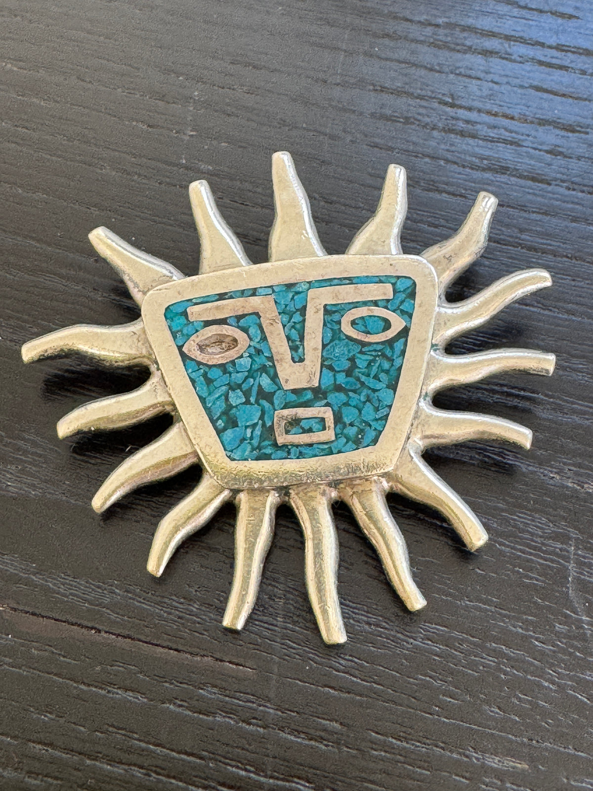 Vintage Taxco Mexico Sterling Silver Sun Face Brooch Pendant Crushed Turquoise Inlay With Wavy Rays and a Poker Face
