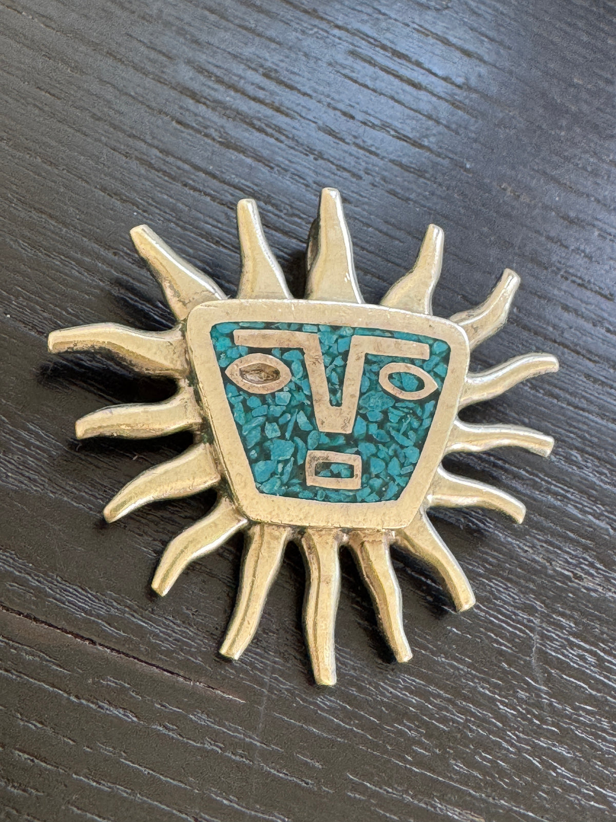 Vintage Taxco Mexico Sterling Silver Sun Face Brooch Pendant Crushed Turquoise Inlay With Wavy Rays and a Poker Face