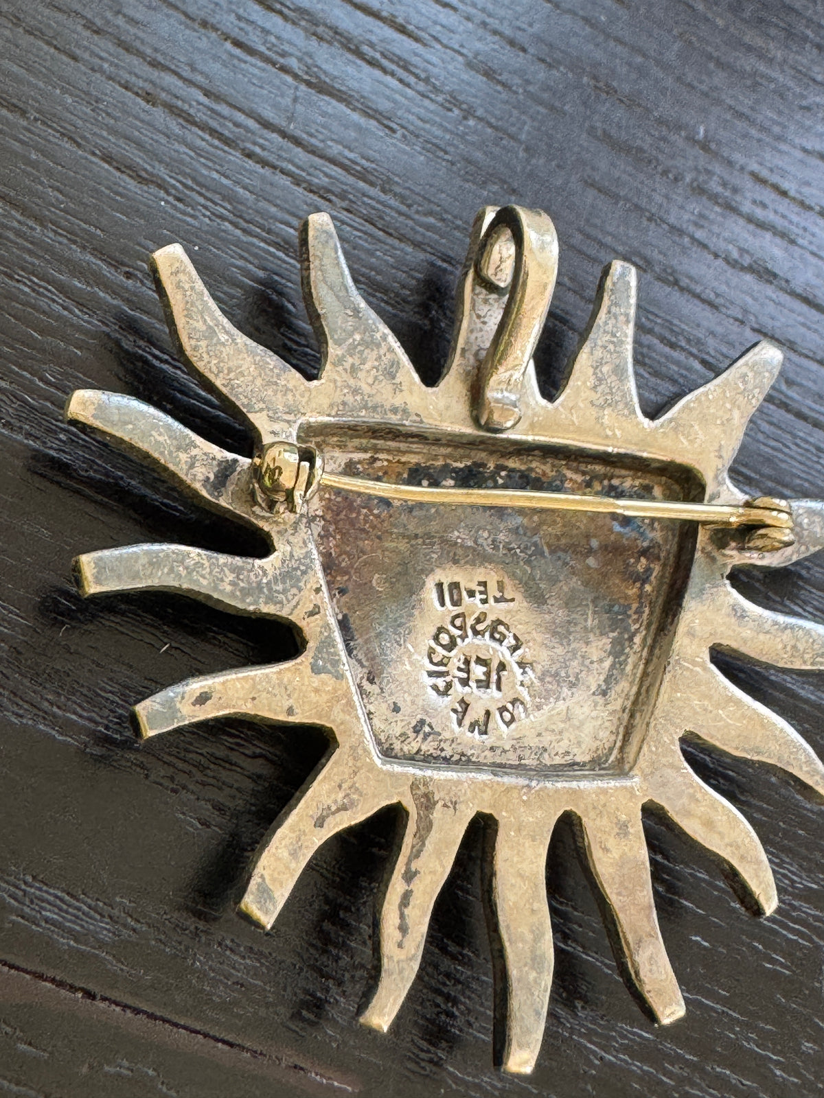 Vintage Taxco Mexico Sterling Silver Sun Face Brooch Pendant Crushed Turquoise Inlay With Wavy Rays and a Poker Face