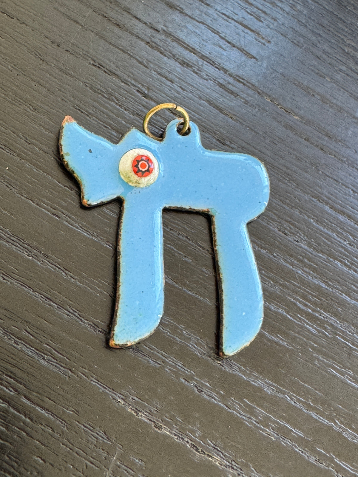 Vintage Enamel on Copper Chai Pendant Sky Blue Judaica Life Symbol With Millefiori Flower Glass Accent