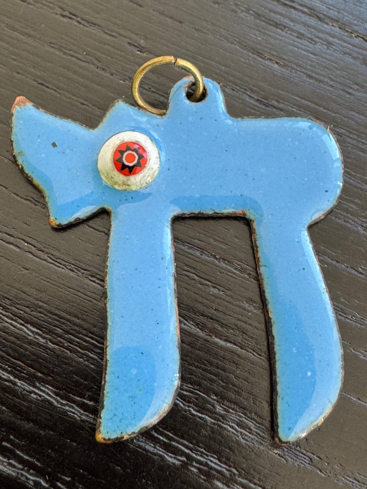 Vintage Enamel on Copper Chai Pendant Sky Blue Hebrew Life Symbol With Millefiori Star Glass Accent