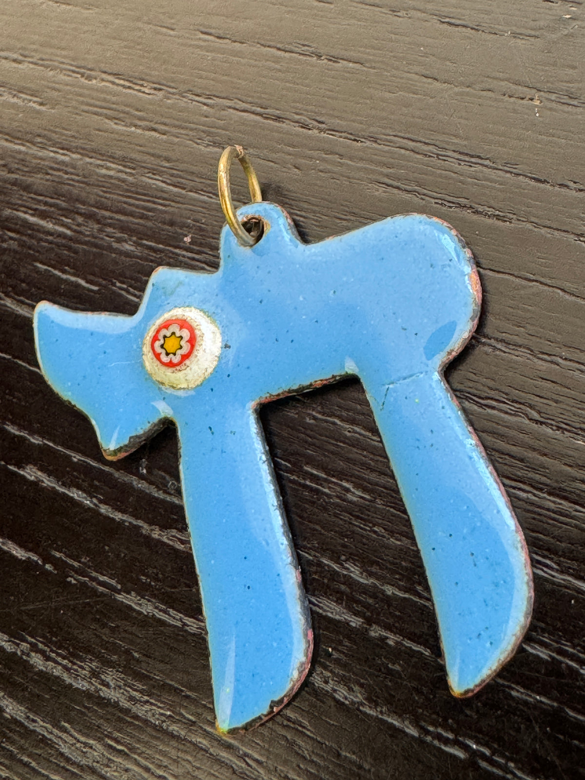 Vintage Enamel on Copper Chai Pendant Sky Blue Judaica Life Symbol With Millefiori Flower Glass Accent