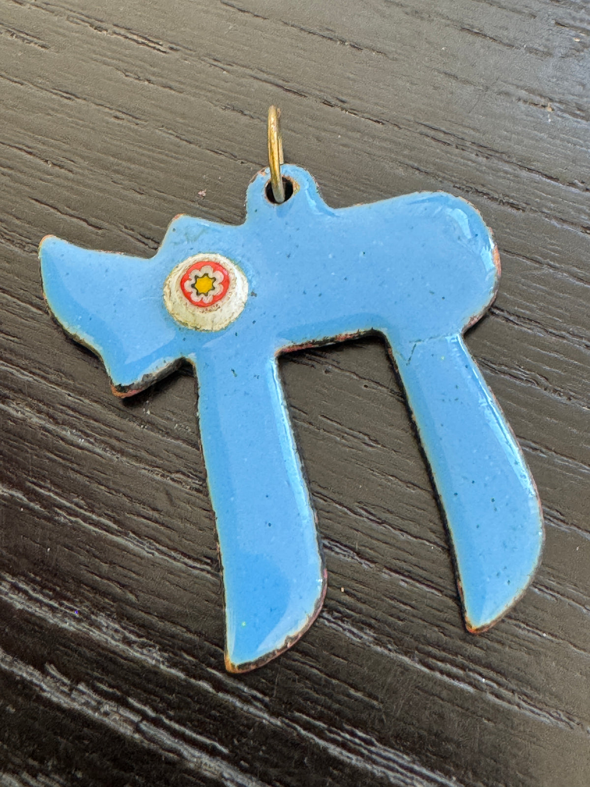 Vintage Enamel on Copper Chai Pendant Sky Blue Judaica Life Symbol With Millefiori Flower Glass Accent